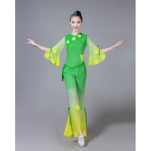 Women's Chinese folk dance costumes green colored ancient square fan dance traditional classical dance fairy cosplay clothes dresses